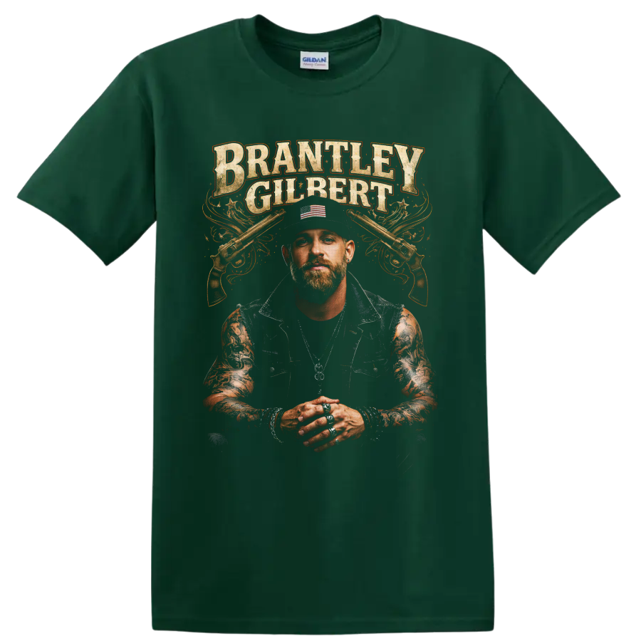 Brantley Gilbert portrait with crossed pistols and distressed western lettering on a Forest Green T Shirt