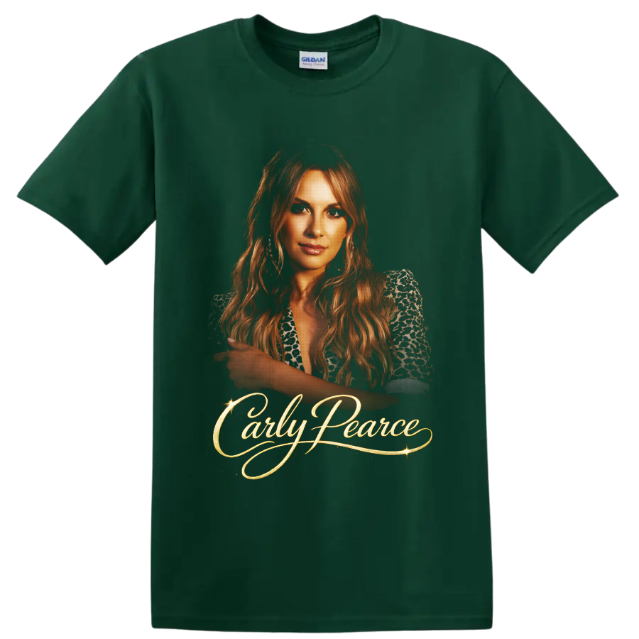 Carly Pearce country singer portrait with glowing gold script and sparkling accents on a Forest Green T Shirt