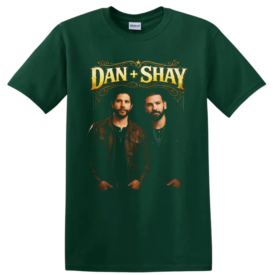 Dan + Shay portraits beneath ornate western gold lettering and scrollwork on a Forest Green T Shirt