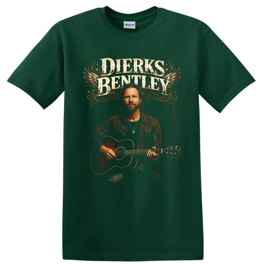 Dierks Bentley guitar portrait with winged vintage lettering and western flourishes on a Forest Green T Shirt