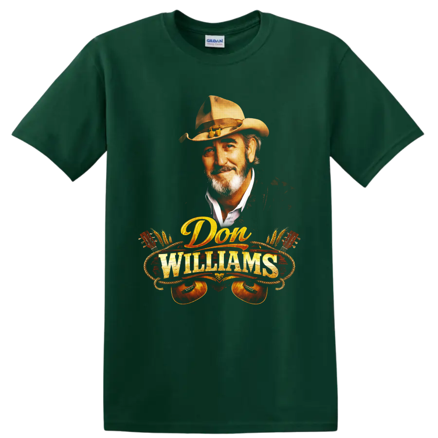 Don Williams cowboy hat portrait with guitars, rope, wheat, and western lettering on a Forest Green T Shirt