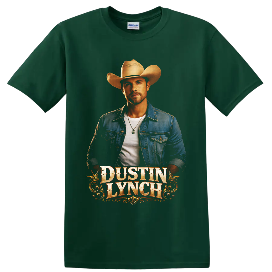 Dustin Lynch cowboy hat portrait with distressed western lettering and gold scrollwork on a Forest Green T Shirt