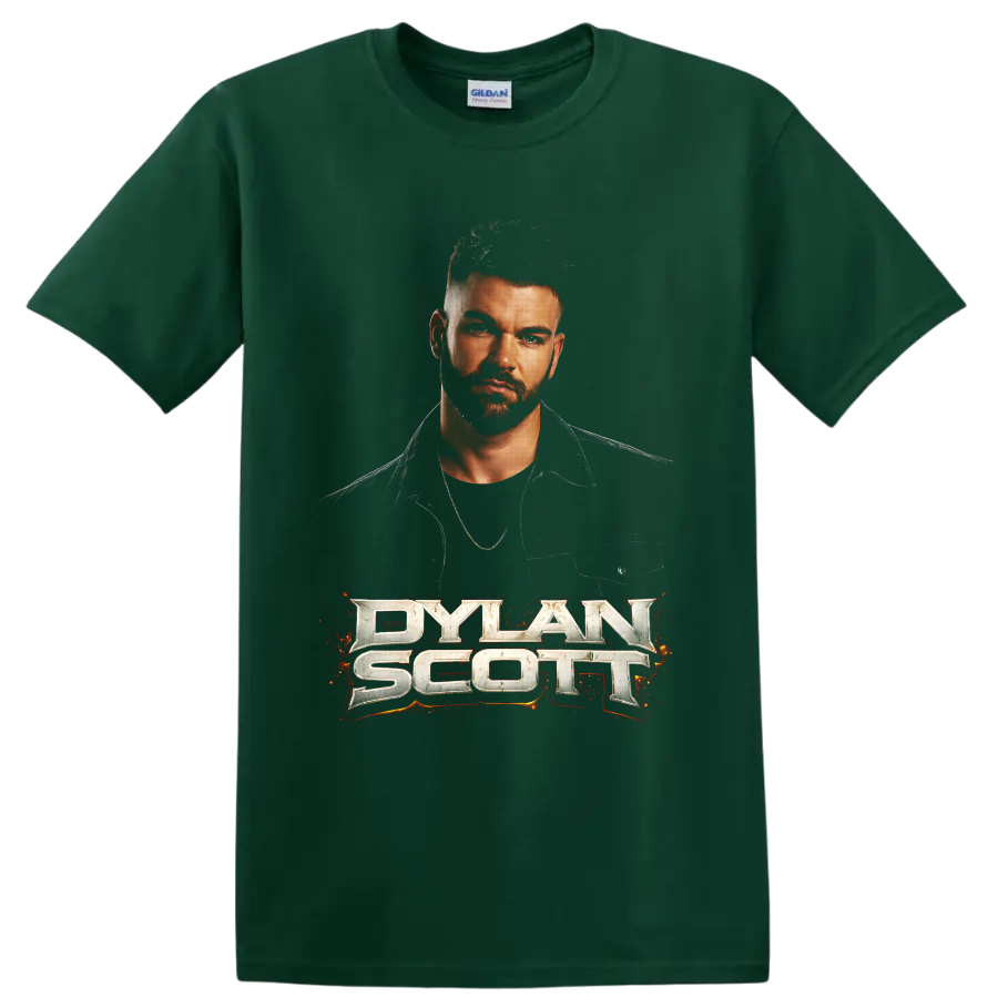Dylan Scott portrait with metallic lettering and fiery red-orange country music graphics on a Forest Green T Shirt