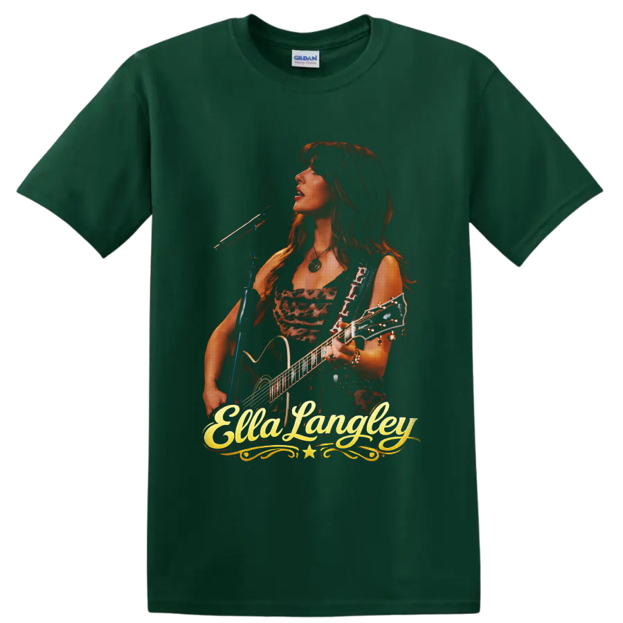 Ella Langley performing with guitar and microphone in a warm western concert portrait on a Forest Green T Shirt