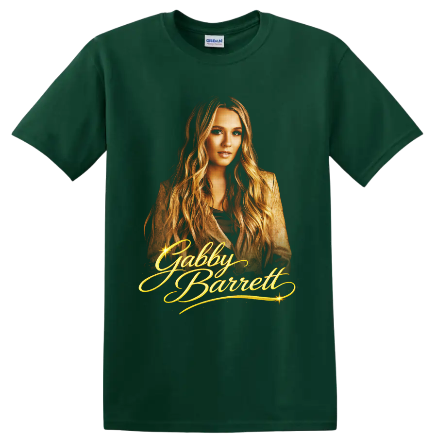 Gabby Barrett golden portrait with ornate script lettering and sparkling starbursts on a Forest Green T Shirt