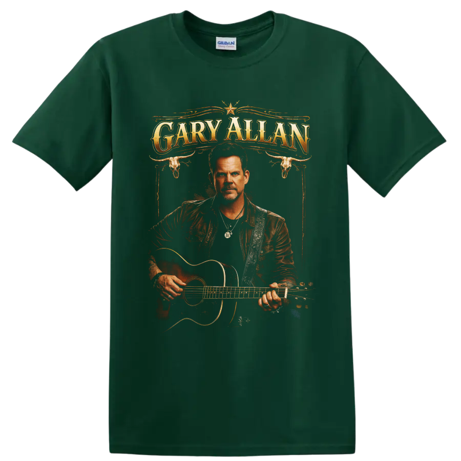 Gary Allan guitar portrait with western lettering, longhorn skulls, and ornate flourishes on a Forest Green T Shirt