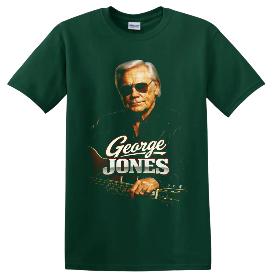 George Jones portrait with sunglasses, guitar, and vintage George Jones lettering on a Forest Green T Shirt