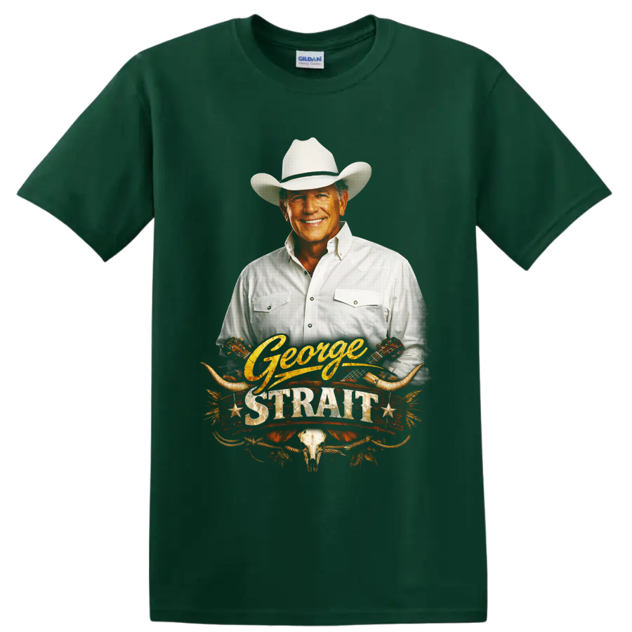 George Strait portrait with cowboy hat, guitars, longhorns, and western rope artwork on a Forest Green T Shirt