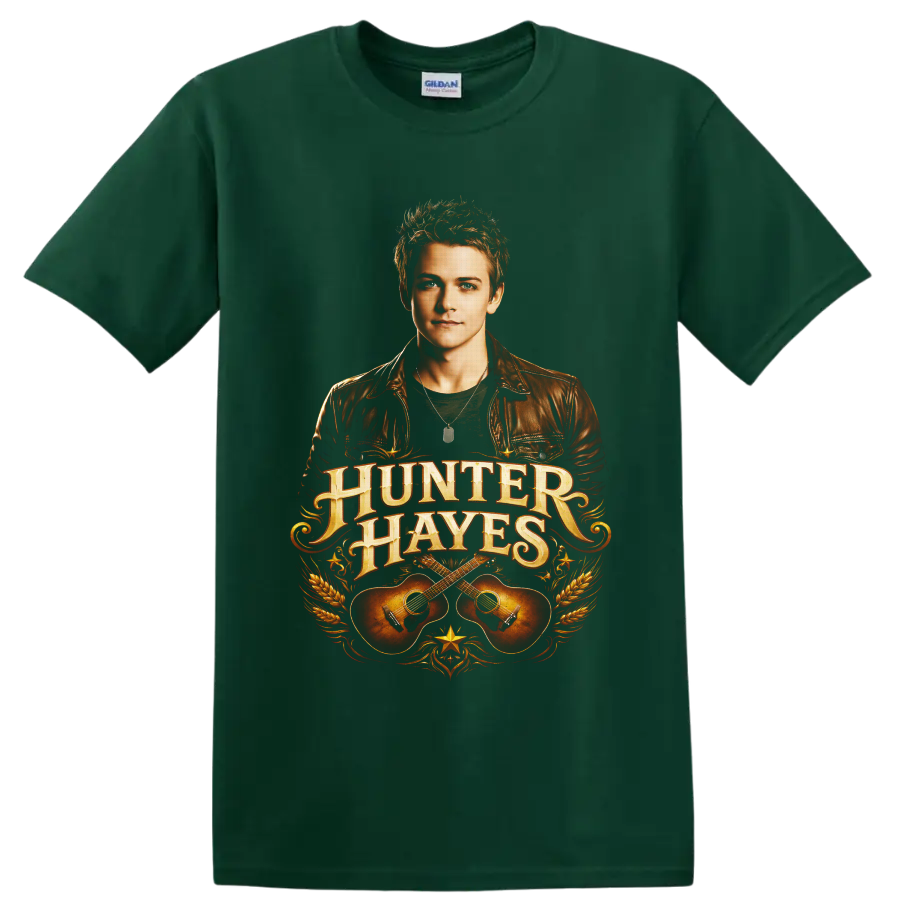 Hunter Hayes portrait with ornate lettering, crossed acoustic guitars, wheat, and western on a Forest Green T Shirt