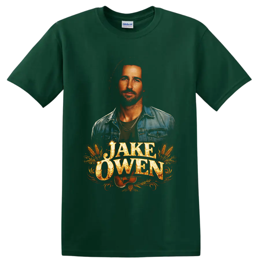 Jake Owen portrait with guitar, wheat, western flourishes, and distressed lettering on a Forest Green T Shirt