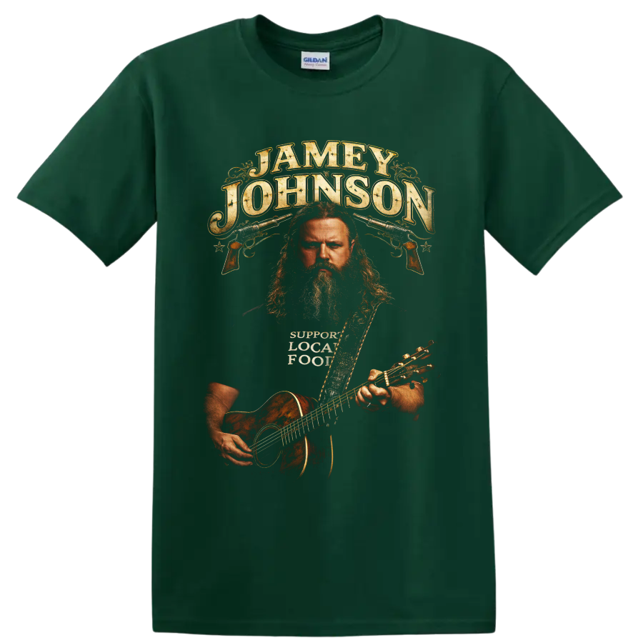 Jamey Johnson western portrait with acoustic guitar, pistols, and distressed lettering on a Forest Green T Shirt