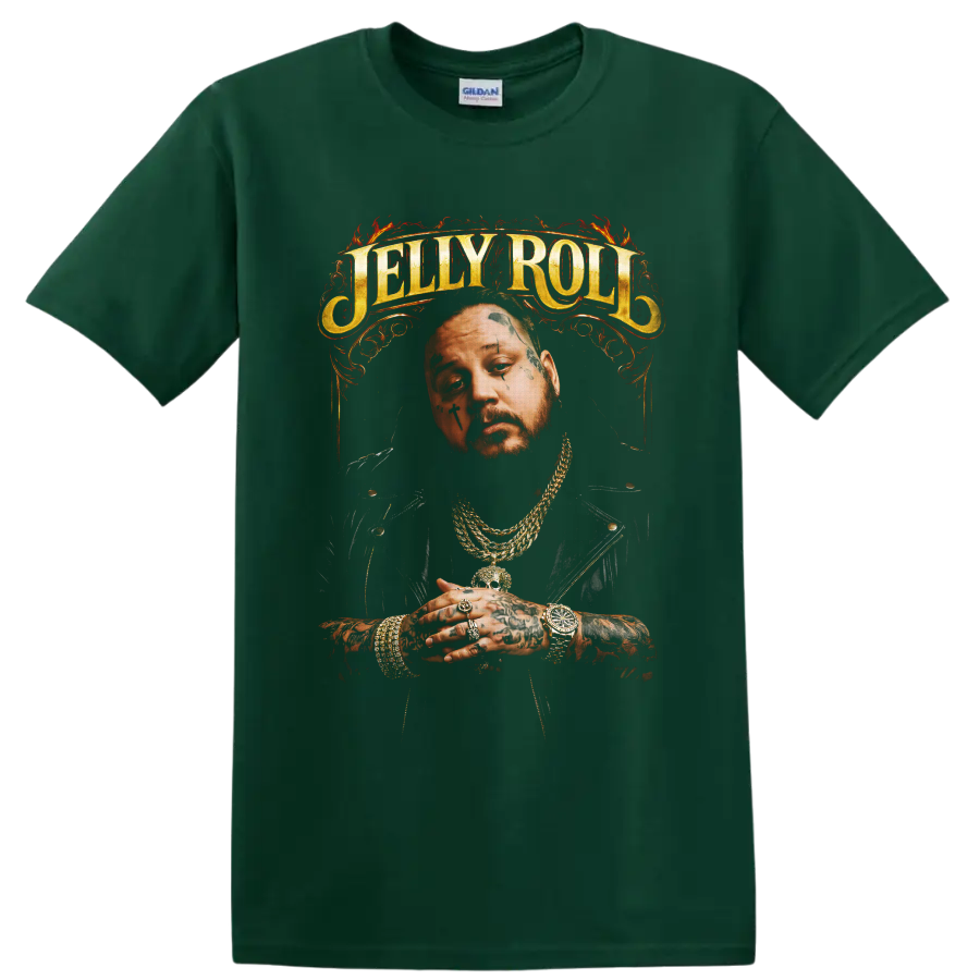 Jelly Roll tattooed portrait with ornate gold lettering and fiery red flourishes on a Forest Green T Shirt