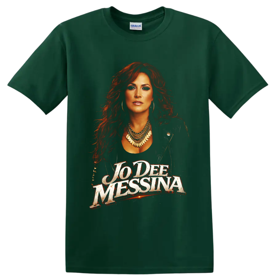 Jo Dee Messina red-haired country singer portrait with distressed name lettering on a Forest Green T Shirt