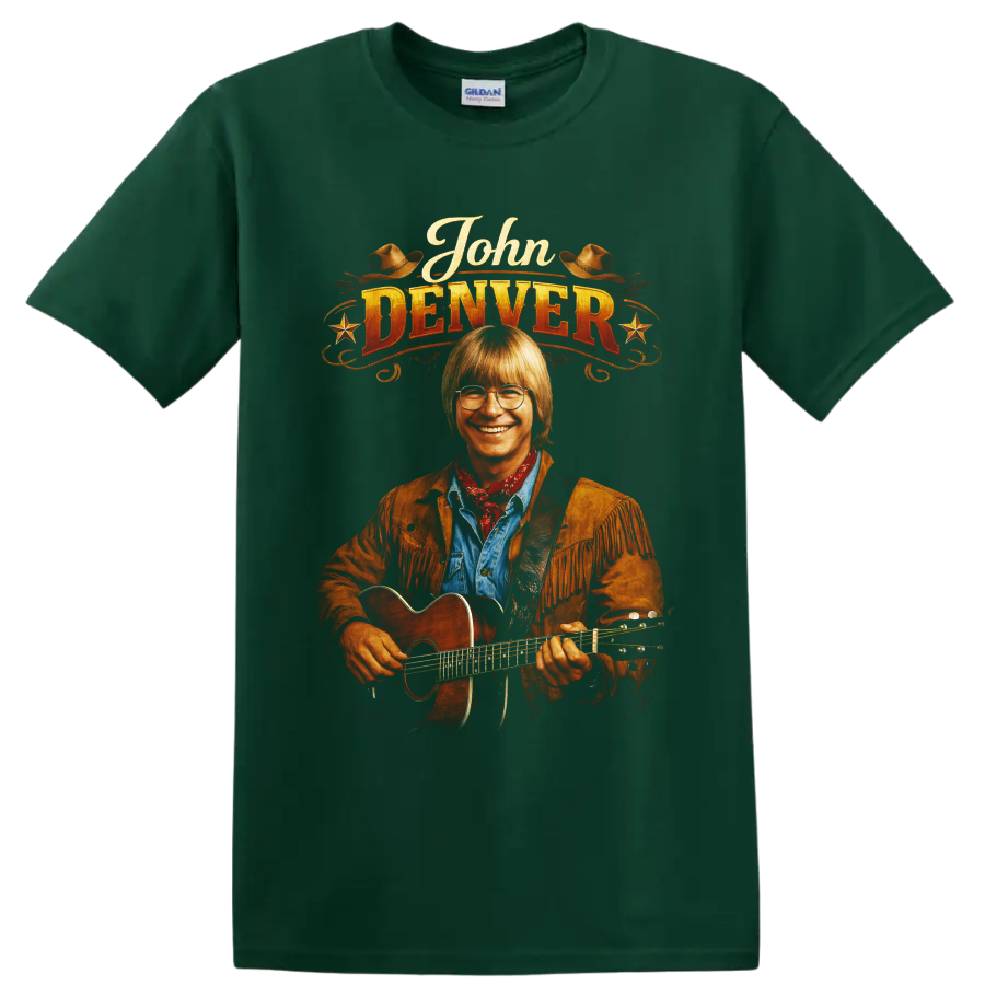 John Denver western portrait with acoustic guitar, cowboy hats, stars, and vintage on a Forest Green T Shirt