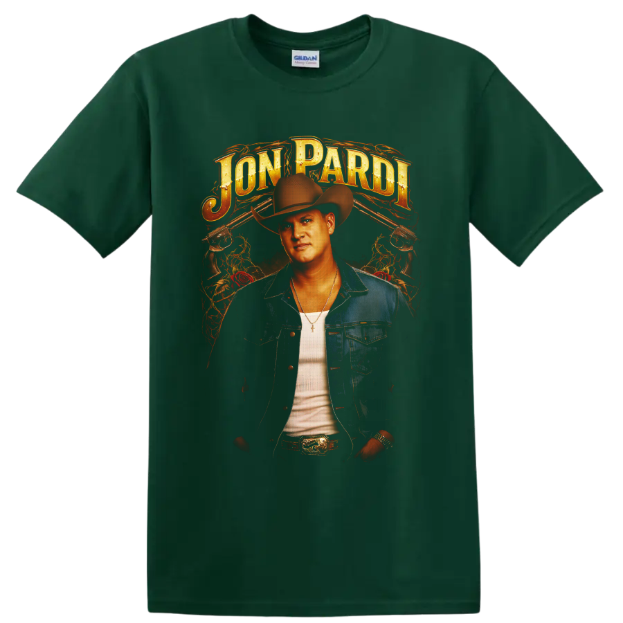 Jon Pardi western portrait with cowboy hat, roses, revolvers, flames, and gold lettering on a Forest Green T Shirt