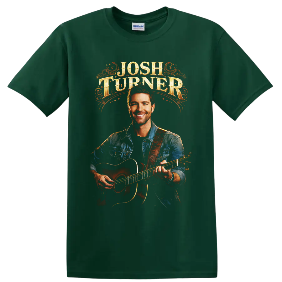 Josh Turner acoustic guitar portrait with ornate western lettering on a Forest Green T Shirt