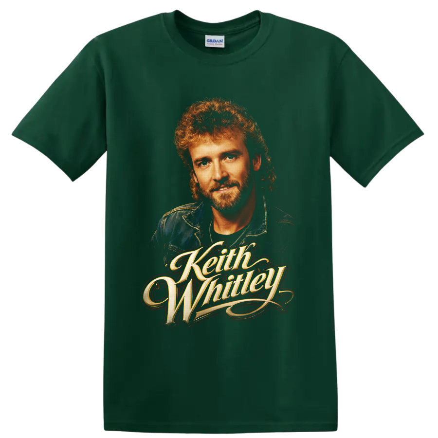 Keith Whitley portrait with ornate gold script in vintage country music poster style on a Forest Green T Shirt