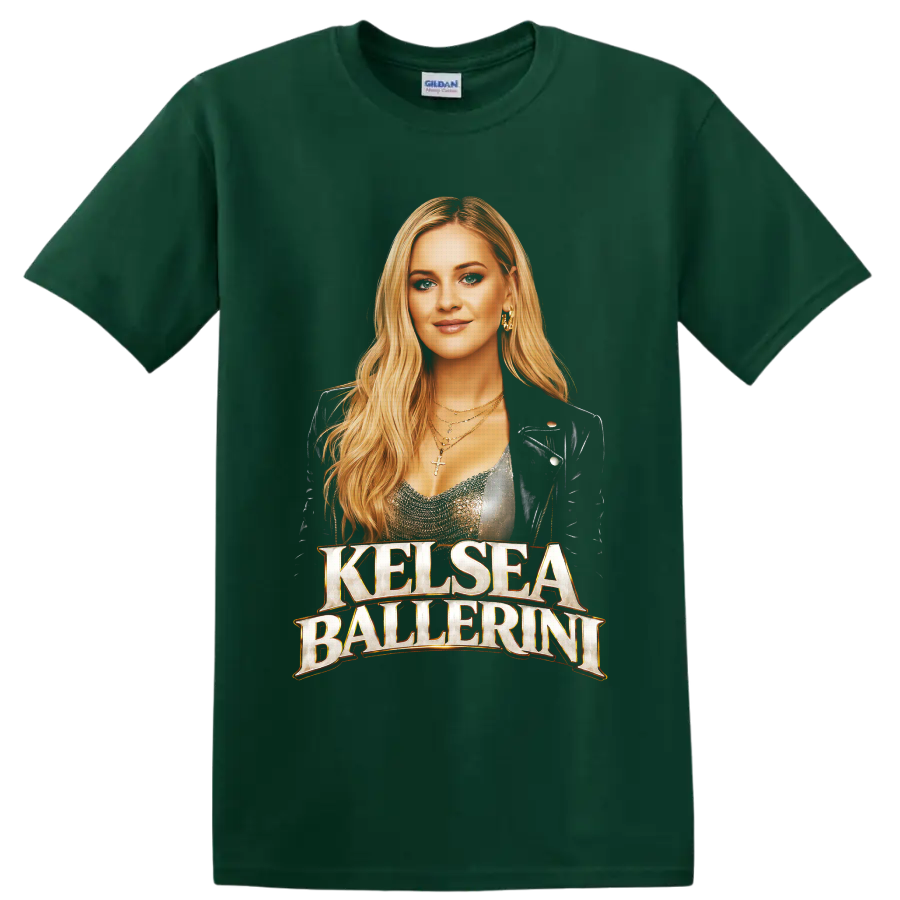 Kelsea Ballerini portrait with warm gold lettering in a concert-inspired graphic style on a Forest Green T Shirt