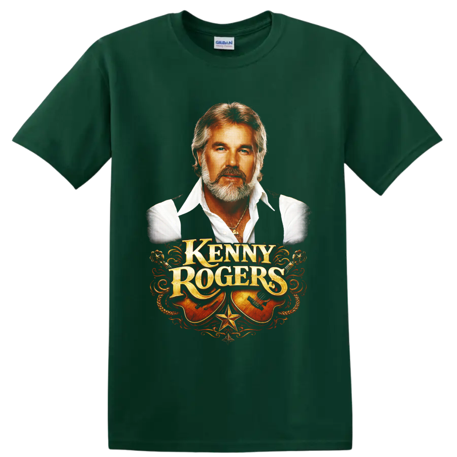 Kenny Rogers portrait with ornate western lettering, acoustic guitars, rope, and stars on a Forest Green T Shirt
