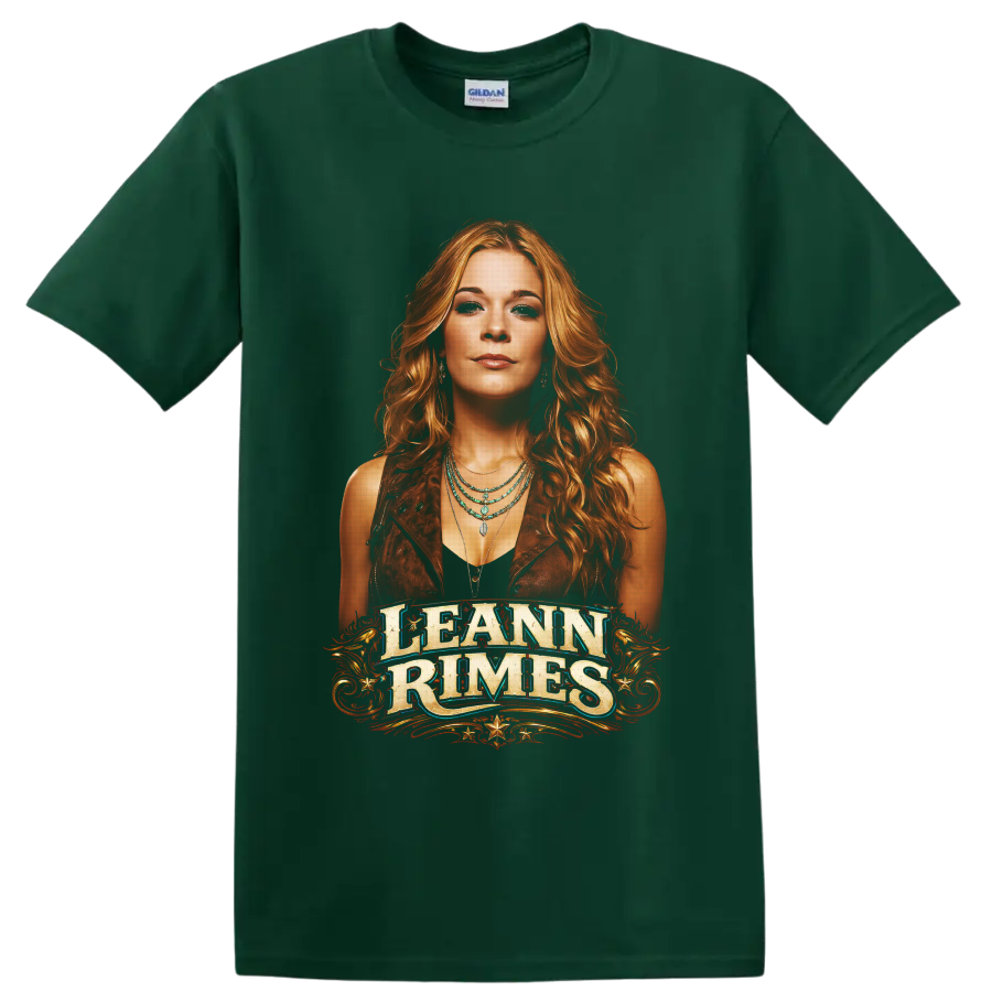 LeAnn Rimes western portrait with ornate lettering, gold flourishes, and turquoise jewelry on a Forest Green T Shirt