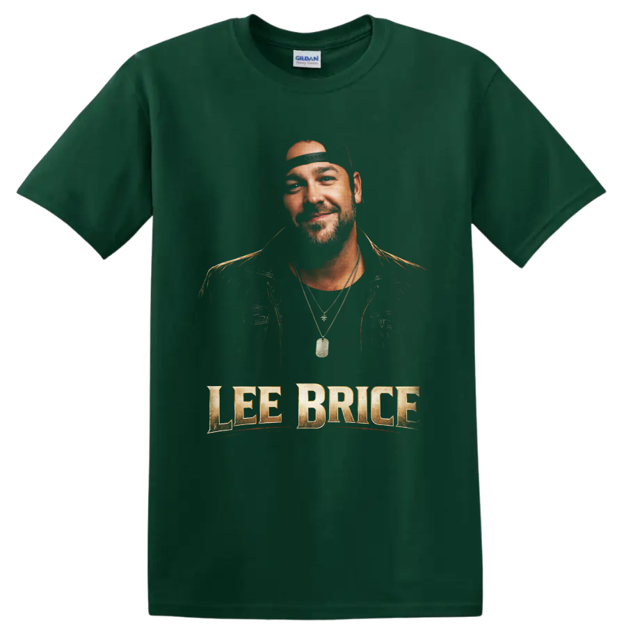 Lee Brice portrait with distressed gold name lettering in country concert poster style on a Forest Green T Shirt