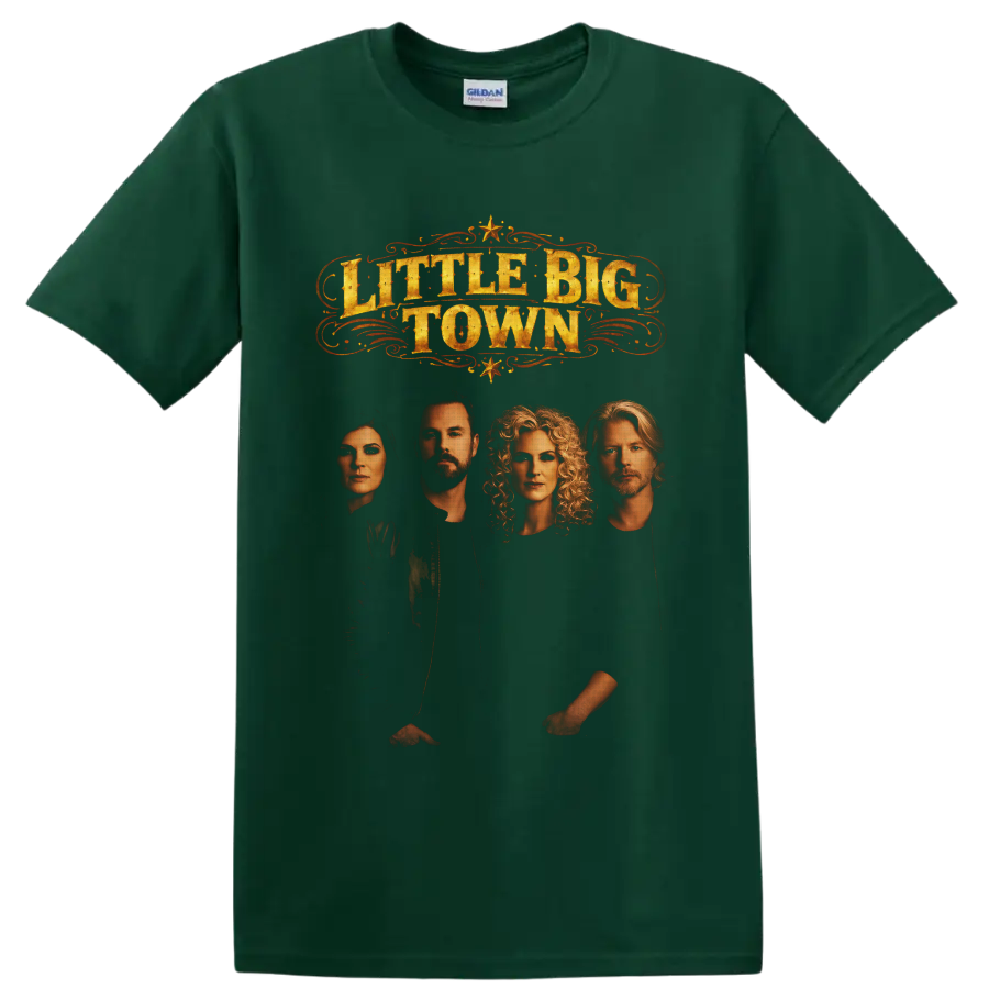 Little Big Town portraits with distressed gold western lettering, scrollwork, and stars on a Forest Green T Shirt
