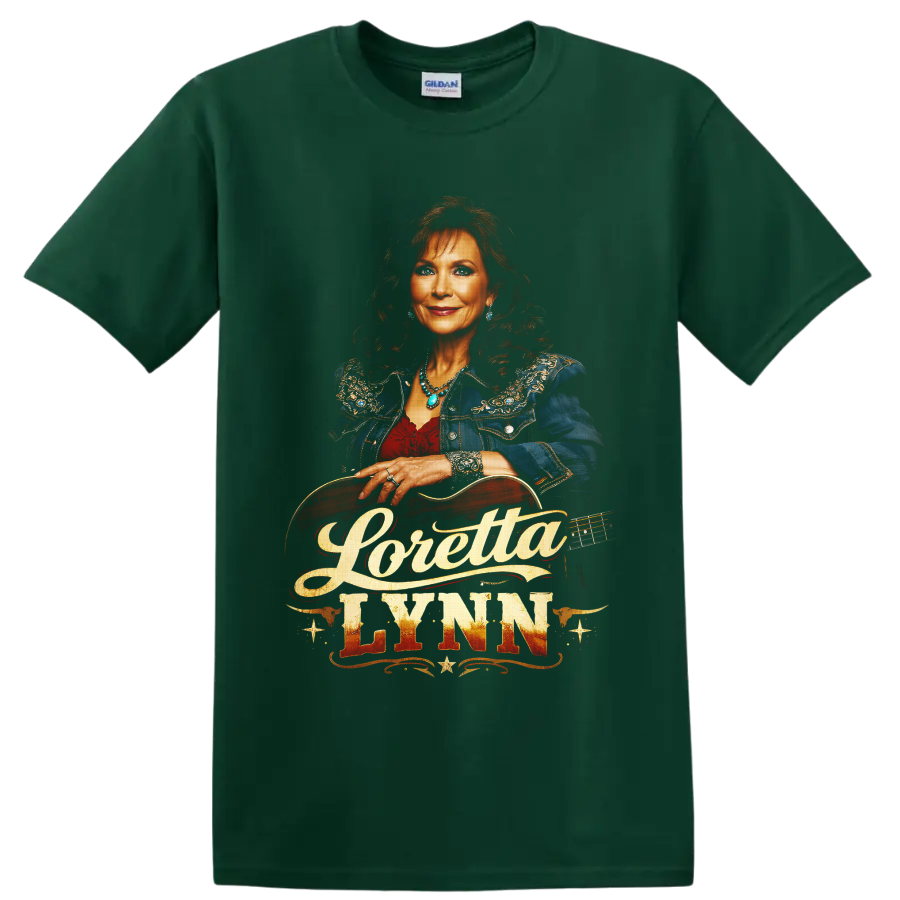 Loretta Lynn portrait with acoustic guitar and vintage Western country lettering on a Forest Green T Shirt