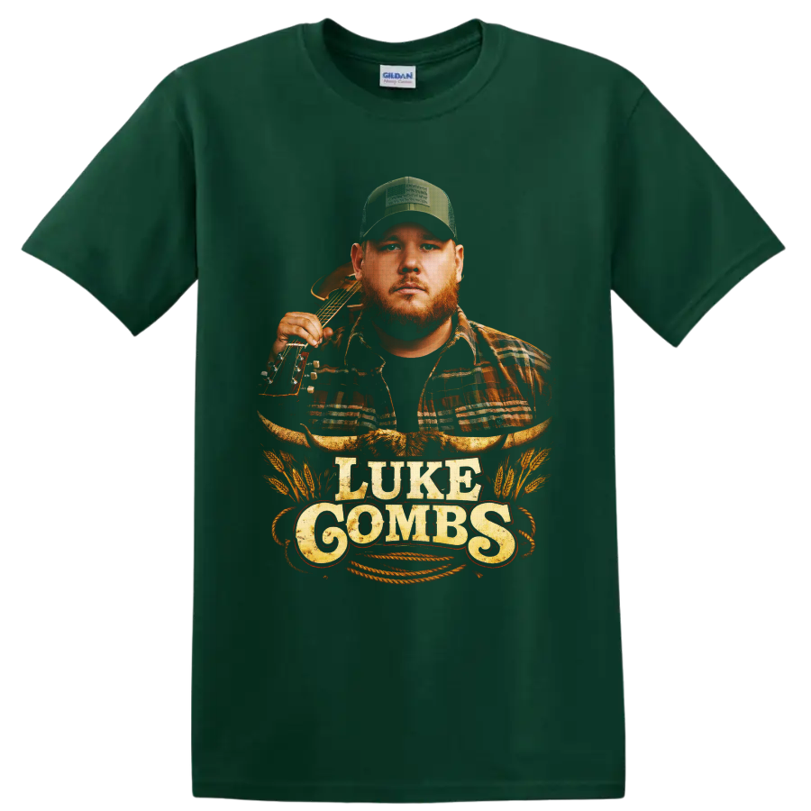 Luke Combs portrait with acoustic guitar, longhorn skull, wheat, rope, and western on a Forest Green T Shirt