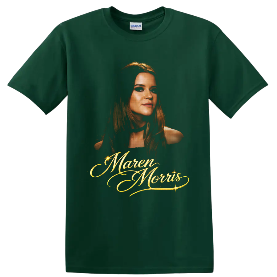 Maren Morris portrait with ornate gold script lettering and sparkling accents on a Forest Green T Shirt