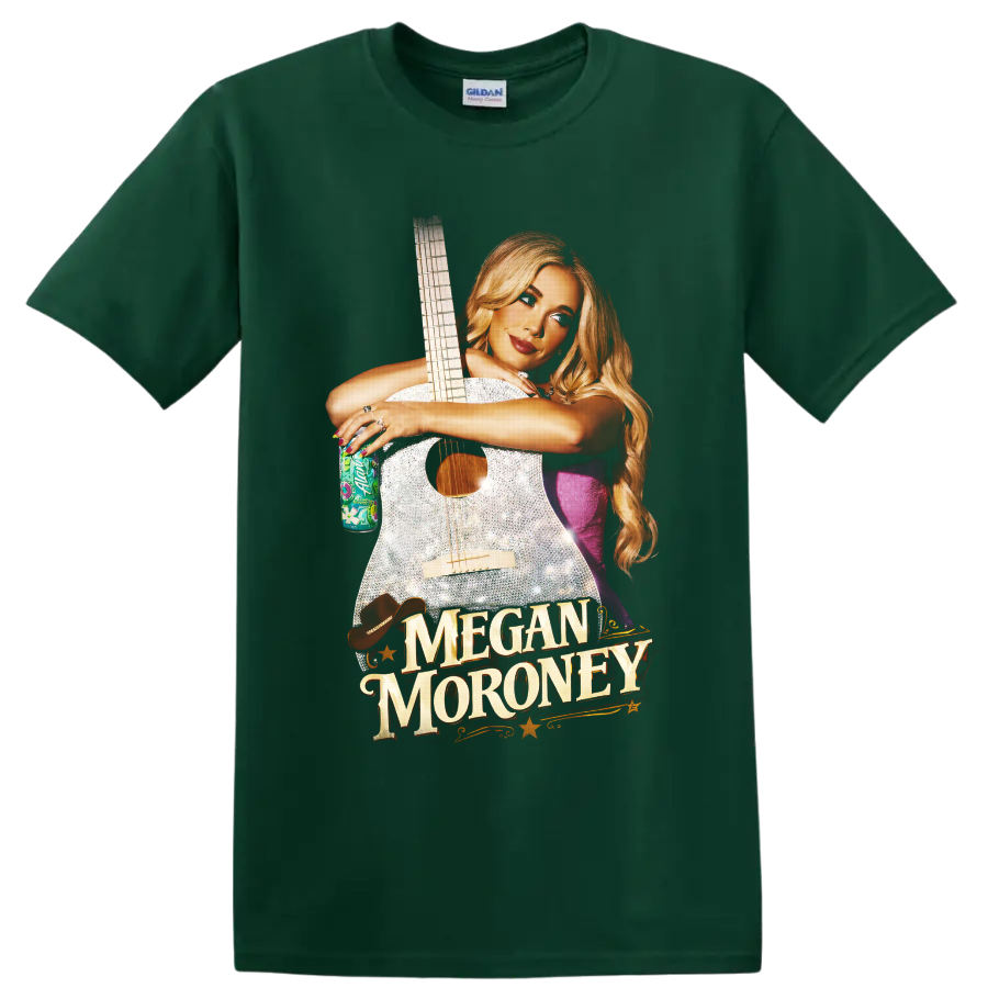 Megan Moroney with sparkling guitar, western hat, stars, and gold name lettering on a Forest Green T Shirt