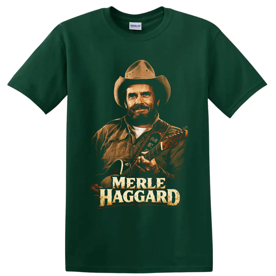 Merle Haggard cowboy hat and guitar portrait with distressed name lettering on a Forest Green T Shirt