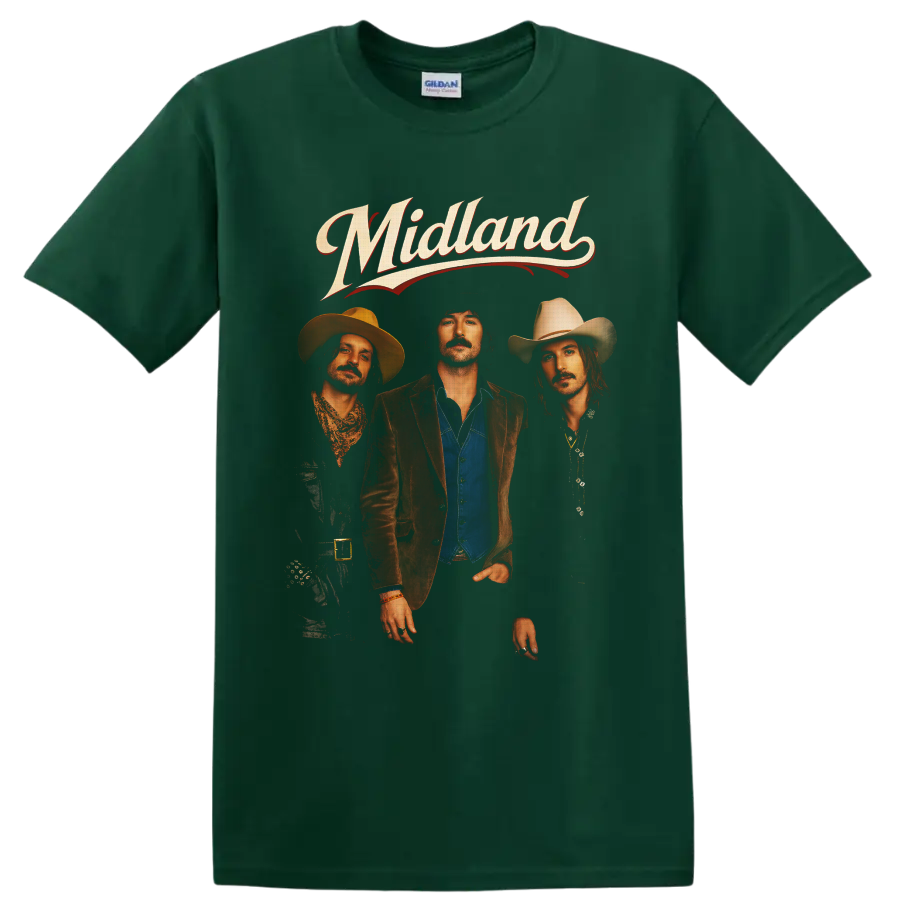 Midland band portrait with cowboy hats and retro western script lettering on a Forest Green T Shirt