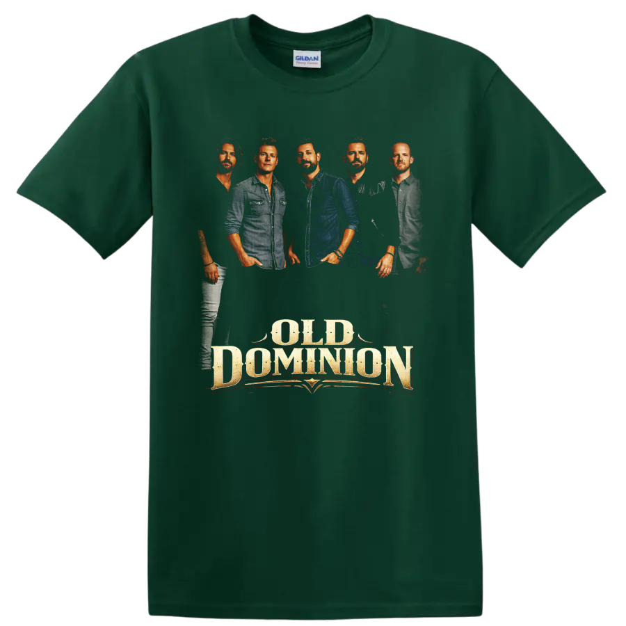 Old Dominion band portraits with distressed western-style Old Dominion wordmark on a Forest Green T Shirt