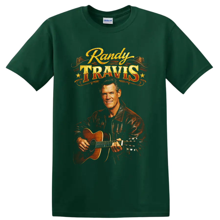 Randy Travis guitar portrait with cowboy hats and distressed western lettering on a Forest Green T Shirt