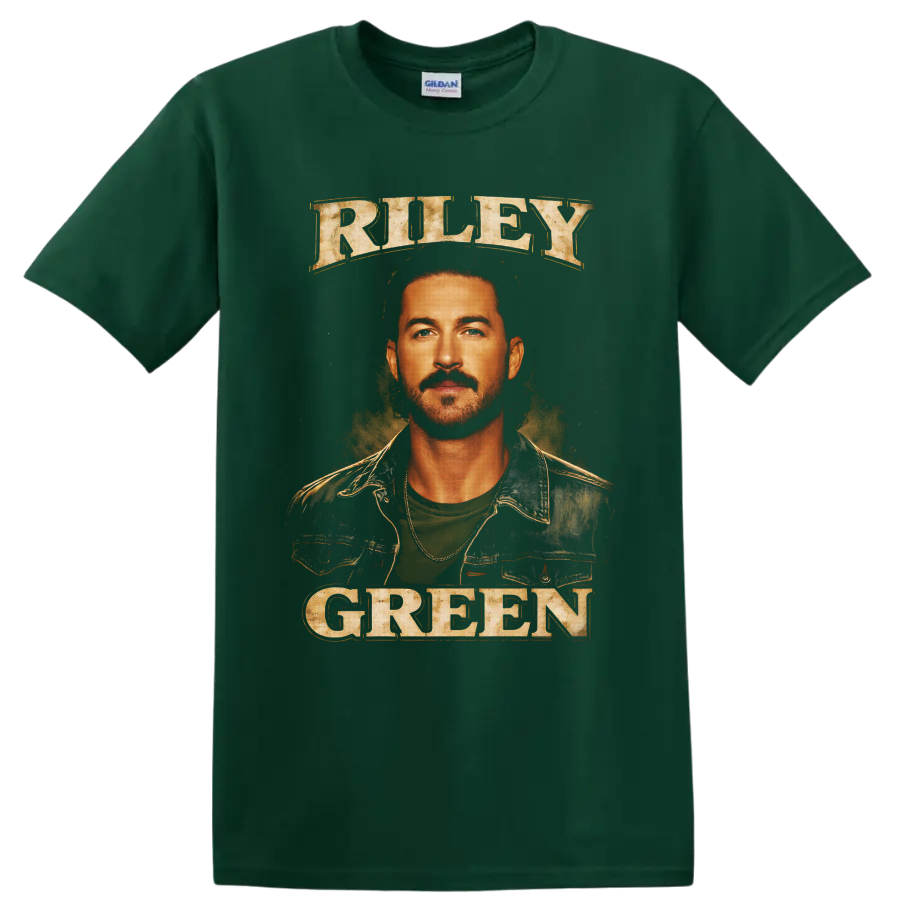 Riley Green portrait with distressed RILEY GREEN lettering in vintage country poster style on a Forest Green T Shirt