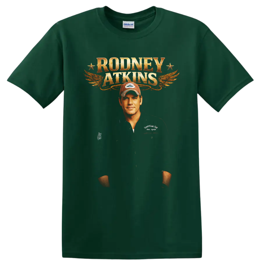 Rodney Atkins portrait with distressed lettering, orange wings, and vintage stars on a Forest Green T Shirt