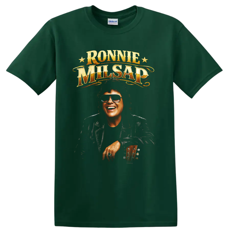 Ronnie Milsap portrait with guitar, gold vintage lettering, and stars on a Forest Green T Shirt