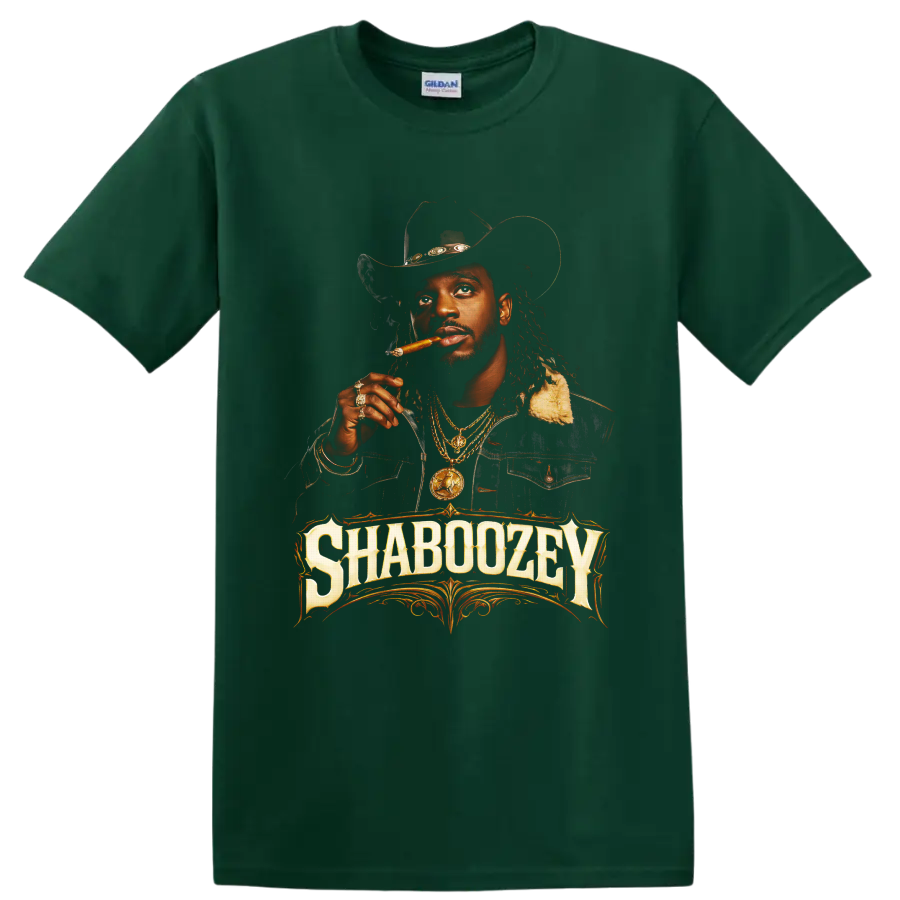 Shaboozey cowboy hat portrait with cigar, gold chains, and ornate western lettering on a Forest Green T Shirt
