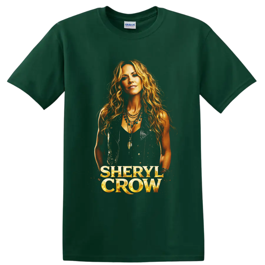Sheryl Crow portrait with western jewelry, feather pendants, and gold name lettering on a Forest Green T Shirt