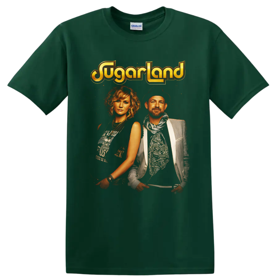 Sugarland duo portraits with distressed golden logo in vintage country concert style on a Forest Green T Shirt