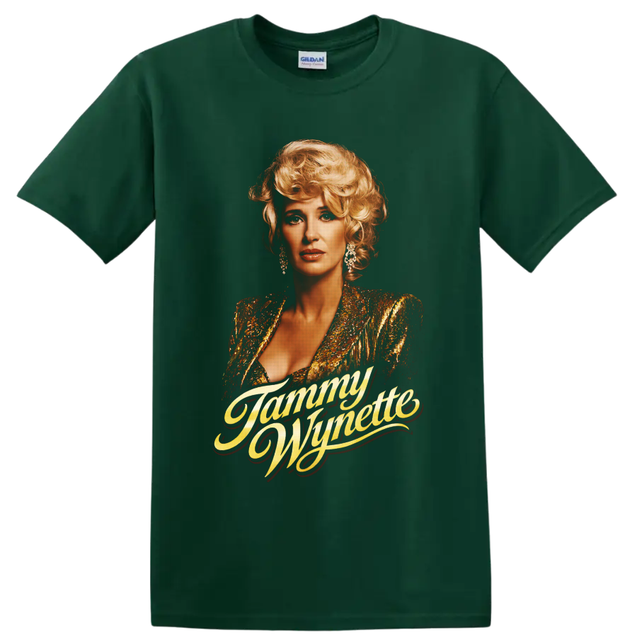 Tammy Wynette portrait in gold stage glamour with flowing name script on a Forest Green T Shirt