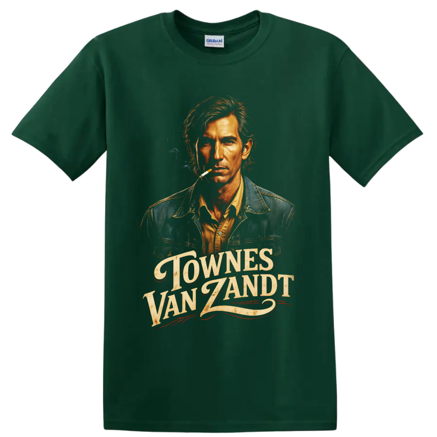 Townes Van Zandt portrait with distressed western lettering and smoky vintage folk art on a Forest Green T Shirt