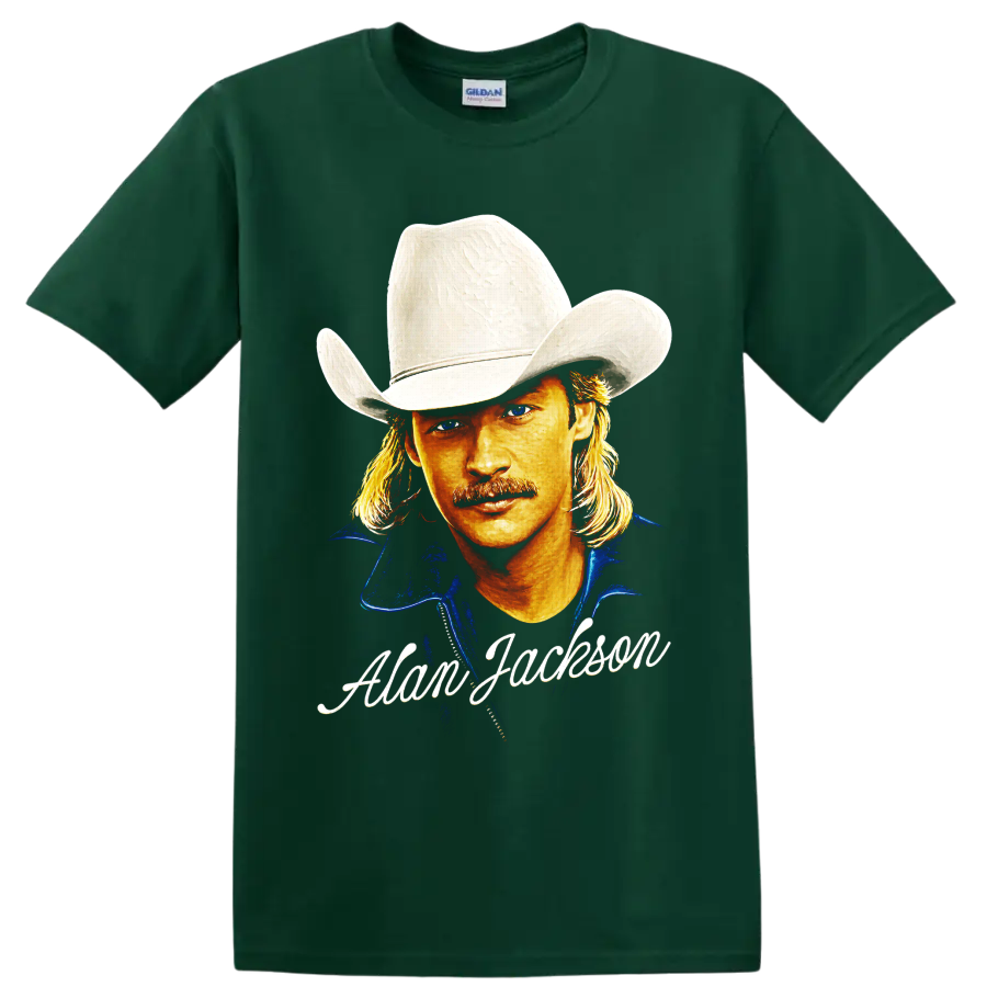 Alan Jackson painted cowboy hat portrait with signature-style lettering on a Forest Green T Shirt