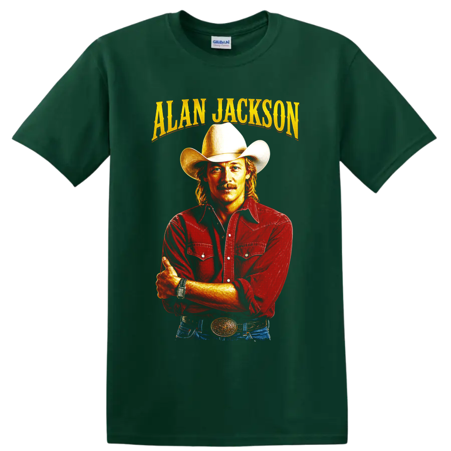 Alan Jackson cowboy hat portrait with gold lettering and red Western shirt on a Forest Green T Shirt