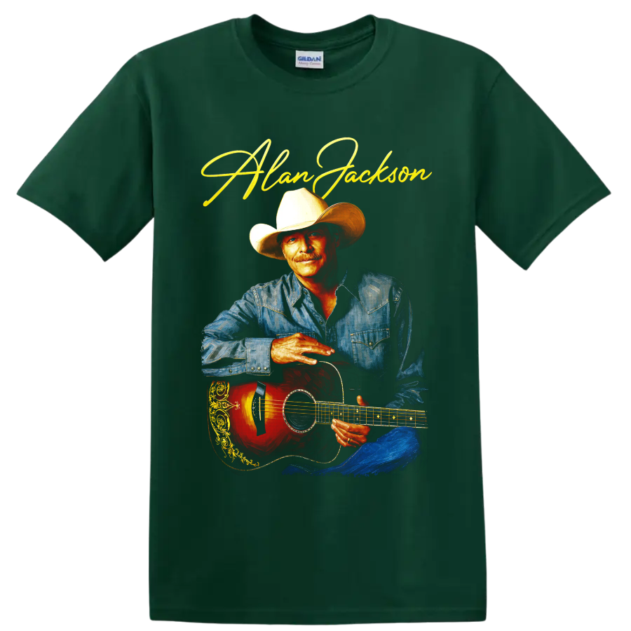 Alan Jackson painterly country portrait with cowboy hat, denim shirt, guitar and gold on a Forest Green T Shirt
