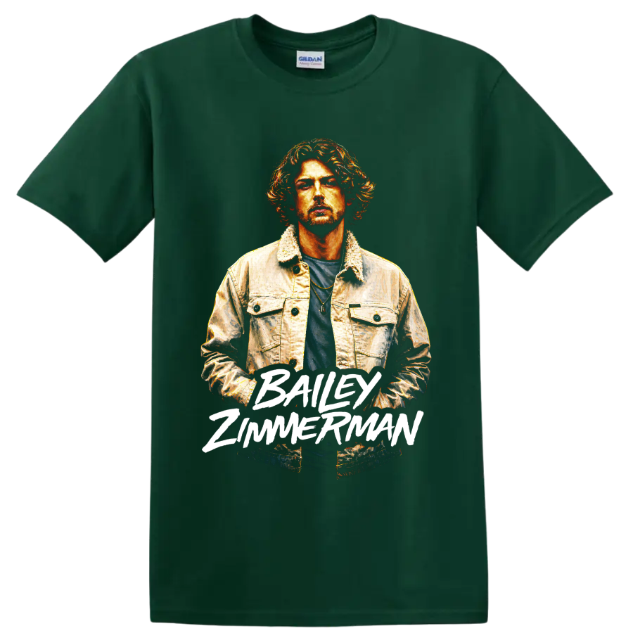 Bailey Zimmerman painted country singer portrait with bold white name lettering on a Forest Green T Shirt