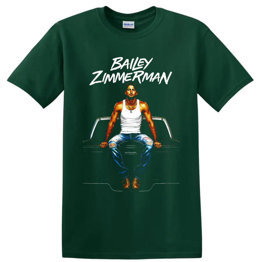 Bailey Zimmerman portrait seated on a classic car with bold white brush lettering on a Forest Green T Shirt