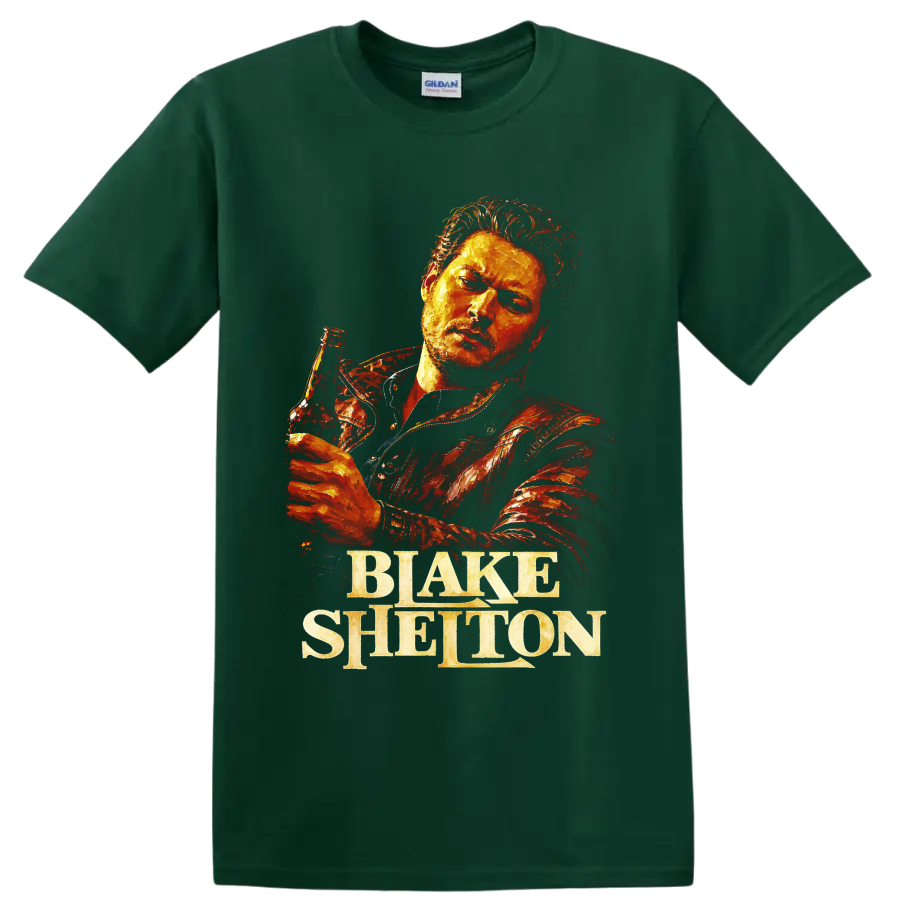 Blake Shelton holding a beer bottle in fiery textured country portrait art on a Forest Green T Shirt
