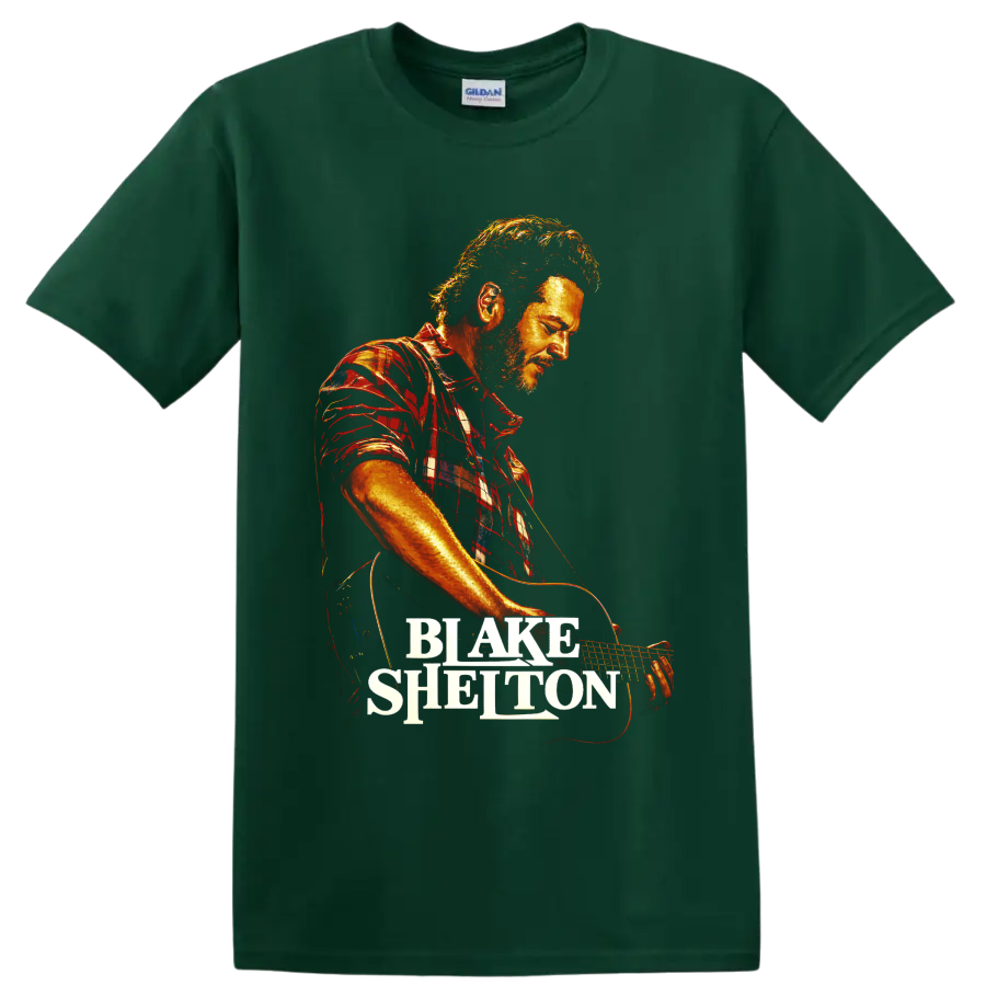 Blake Shelton guitar performance portrait in fiery concert-poster style with name on a Forest Green T Shirt