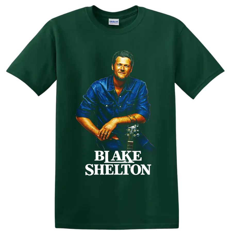 Blake Shelton painterly country singer portrait with acoustic guitar and name lettering on a Forest Green T Shirt